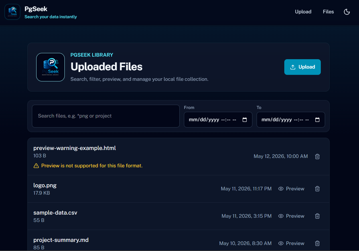 PgSeek uploaded files screen with search, filters, previews, and file management controls