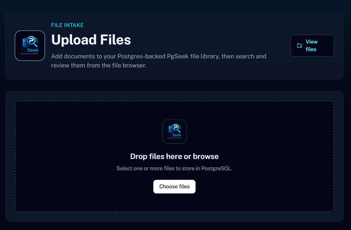PgSeek upload screen with a drag and drop file intake area