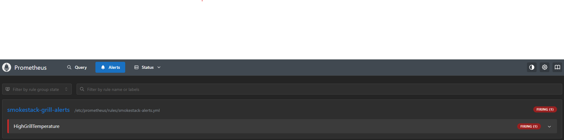 Prometheus alert page showing HighGrillTemperature firing