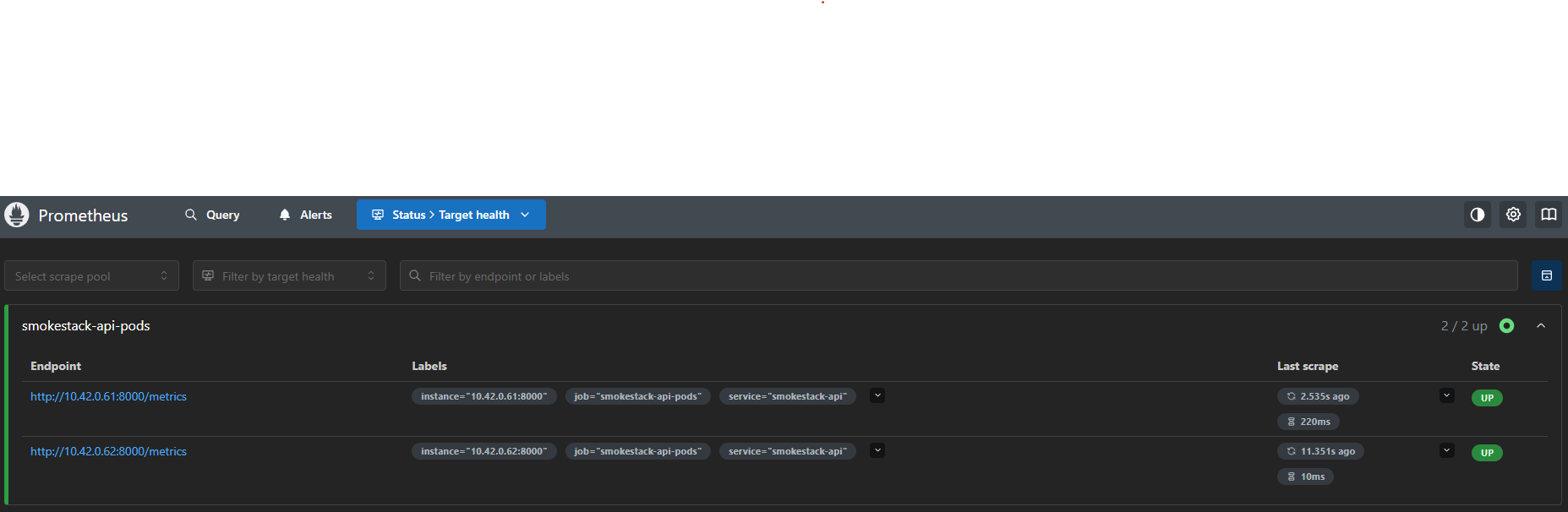 Prometheus targets page showing both SmokeStack Ops API pods as up