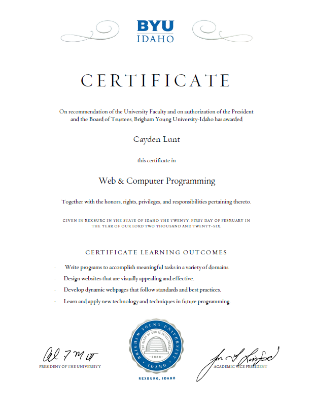 BYU Idaho Web & Computer Programming certificate